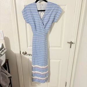 Marine Layer Women's Maddie Blue & White Striped Wrap Midi Dress Large NWT